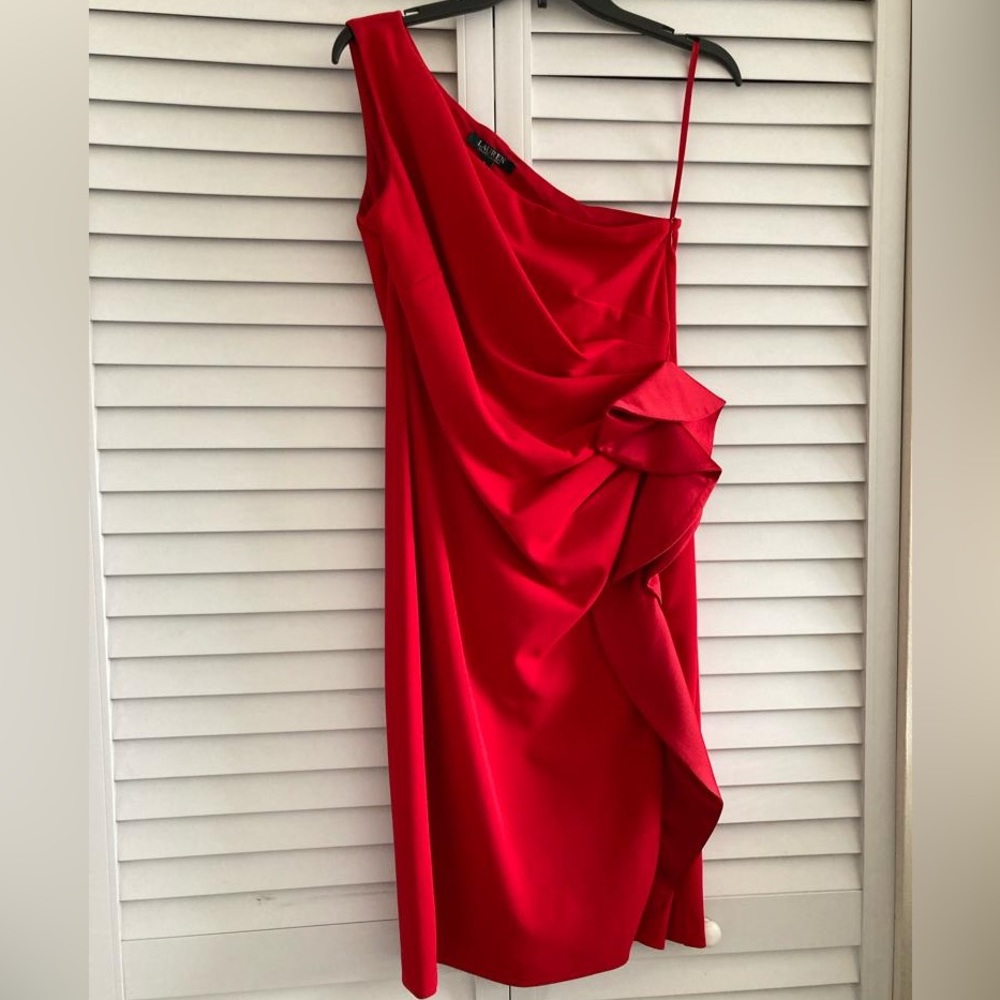 LAUREN RALPH LAUREN Red One-Shoulder Side Flutter Midi Dress